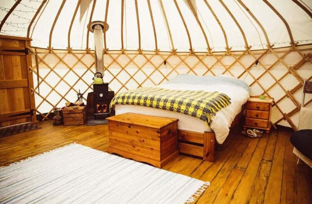 A wooden yurt situated in a woodland setting, featuring a large circular window showcasing the interior with a double bed, seating area, and a small wood stove, surrounded by lush greenery and trees.