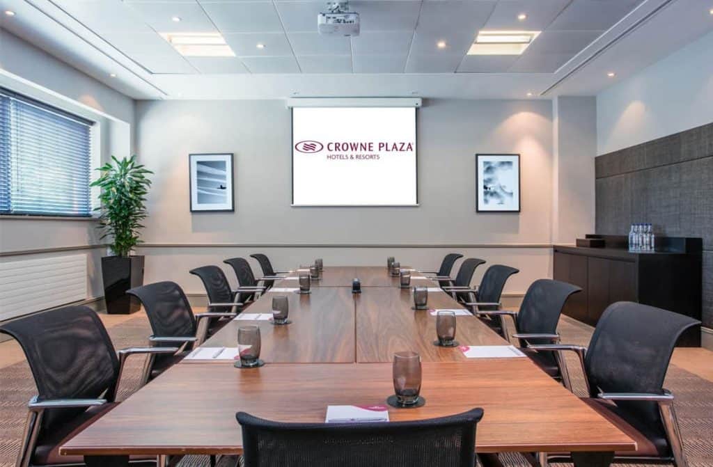 One of the boardroom suites in the Crowne Plaza Birmingham NEC hotel being featured in the blog article, "10 Best Business Hotels with Conference Facilities in Birmingham"