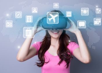 A person wearing a virtual reality headset, immersed in a simulated travel experience with images of iconic global landmarks and digital interfaces surrounding them, representing the integration of VR technology in future travel trends.