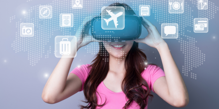 A person wearing a virtual reality headset, immersed in a simulated travel experience with images of iconic global landmarks and digital interfaces surrounding them, representing the integration of VR technology in future travel trends.
