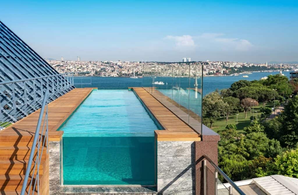Stunning infinity pool at Ritz-Carlton Istanbul with breathtaking cityscape views.