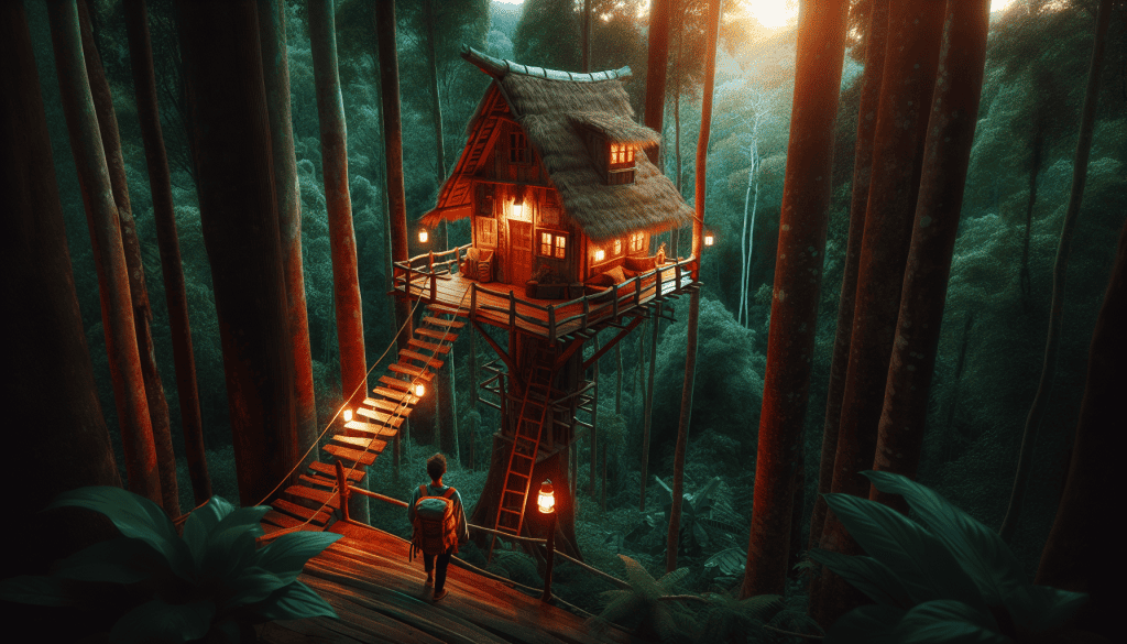 A cozy tree-top hut nestled in the jungle, accessible by a rope ladder leading up from a wooden bridge, with lanterns gently illuminating the path and the hut's interior and exterior.