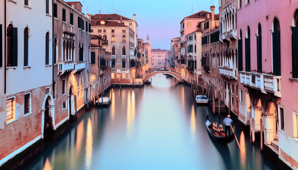 A couple enjoying a gondola ride along Venice's scenic canals.
