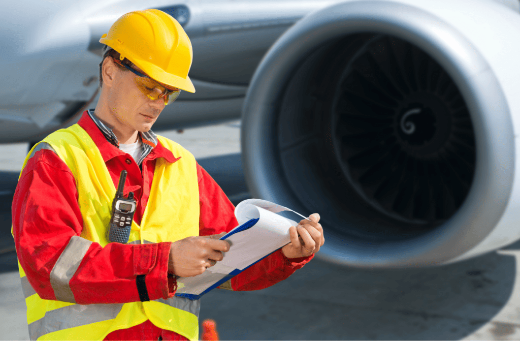 Top 10 Tips for a Safe and Secure Flight - Aircraft engineer conducting a meticulous inspection next to a large engine, with clipboard in hand.
